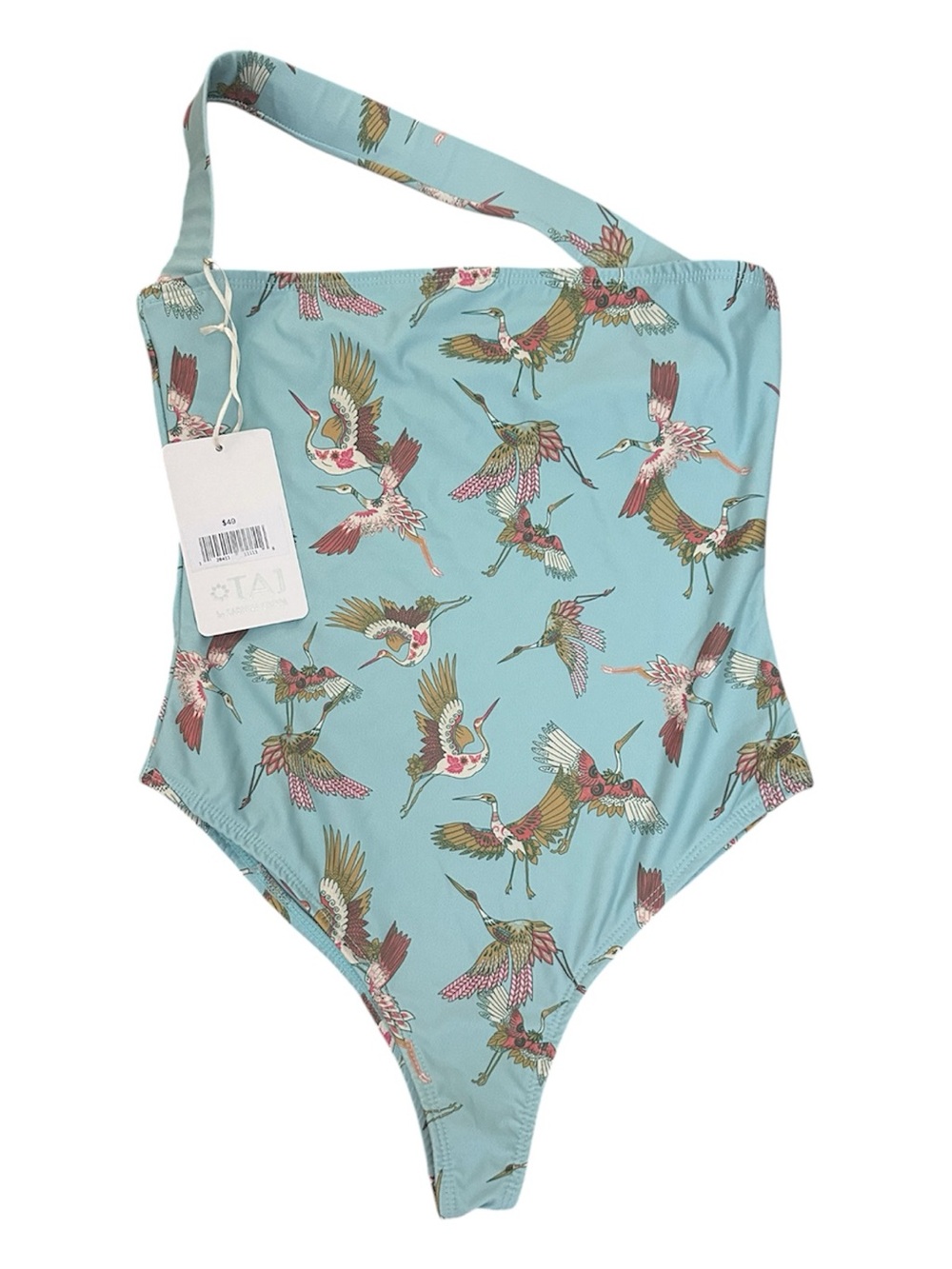 TAJ by Sabrina Crippa Turquoise Bird Print One Shoulder One Piece Bathing Suit - Picture 2 of 7